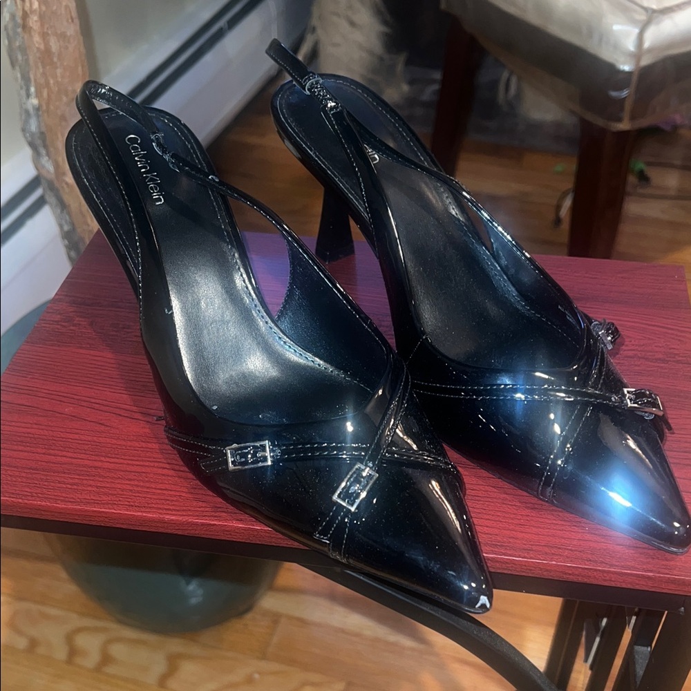 Calvin Klein Shiny Black Slingback Heels